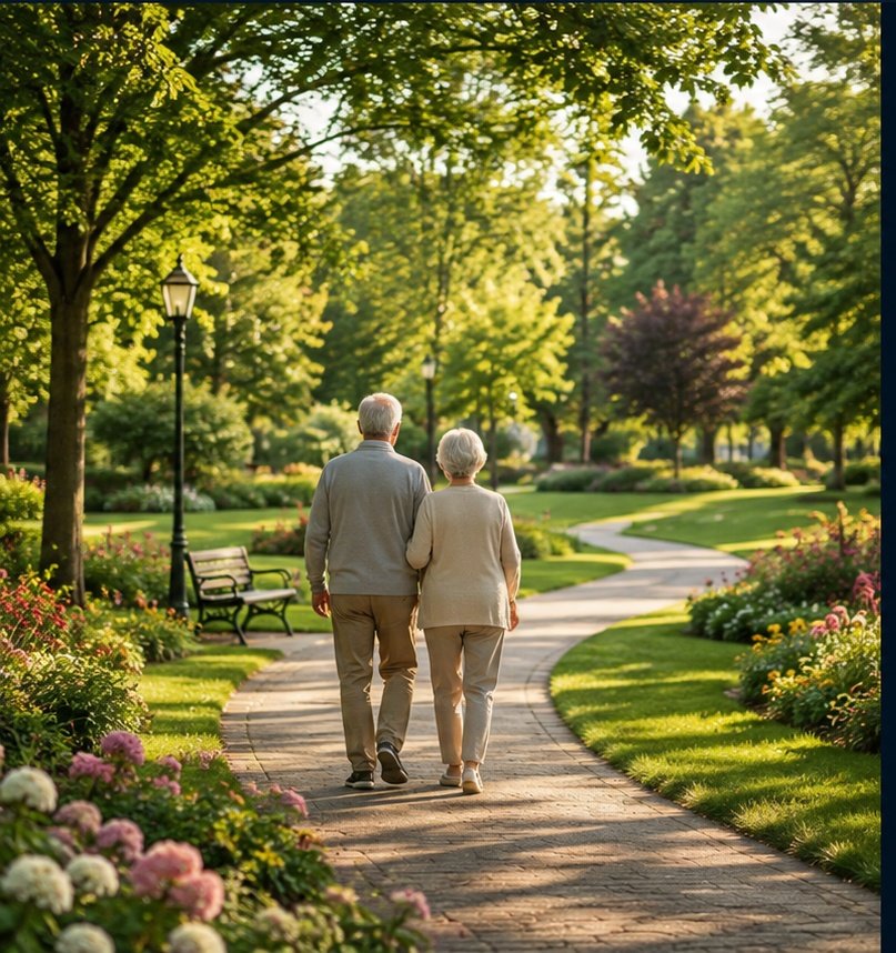 Senior couple looking toward a sunset and winding road